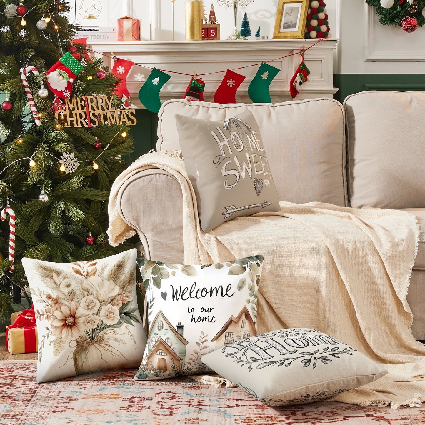 Shineful Set-4 of 2D Print Cushion Cover, Pillowcase, Pillows Covers - Home Sweet Home Watercolor and Hand-Drawn Designs