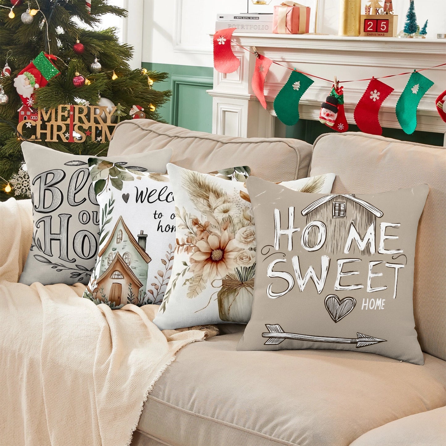 Shineful Set-4 of 2D Print Cushion Cover, Pillowcase, Pillows Covers - Home Sweet Home Watercolor and Hand-Drawn Designs