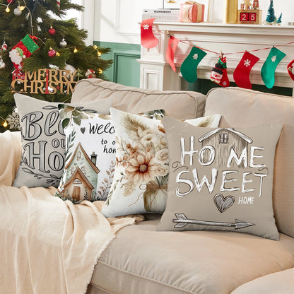 Shineful Set-4 of 2D Print Cushion Cover, Pillowcase, Pillows Covers - Home Sweet Home Watercolor and Hand-Drawn Designs