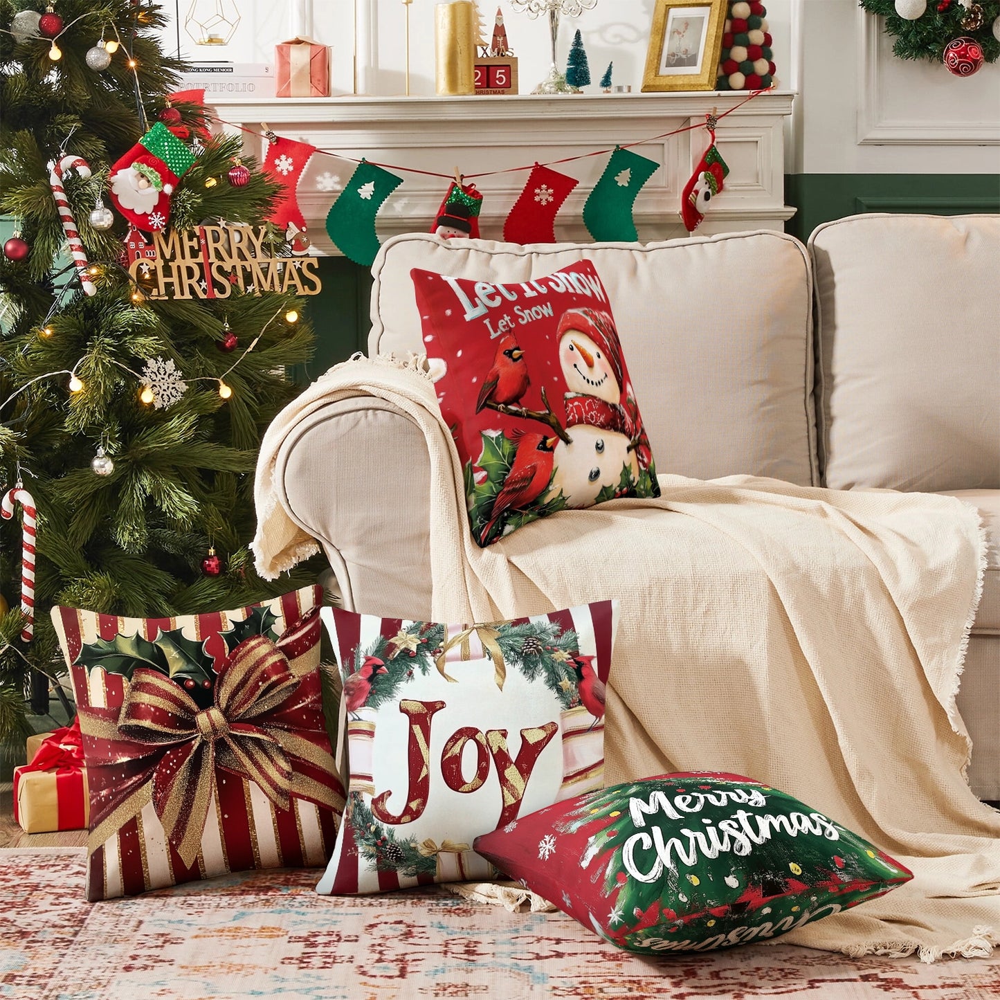 Shineful Set-4 of 2D Print Cushion Cover, Pillowcase, Pillows Covers - Festive Cheer with Holiday Spirit and Joyful Decorations