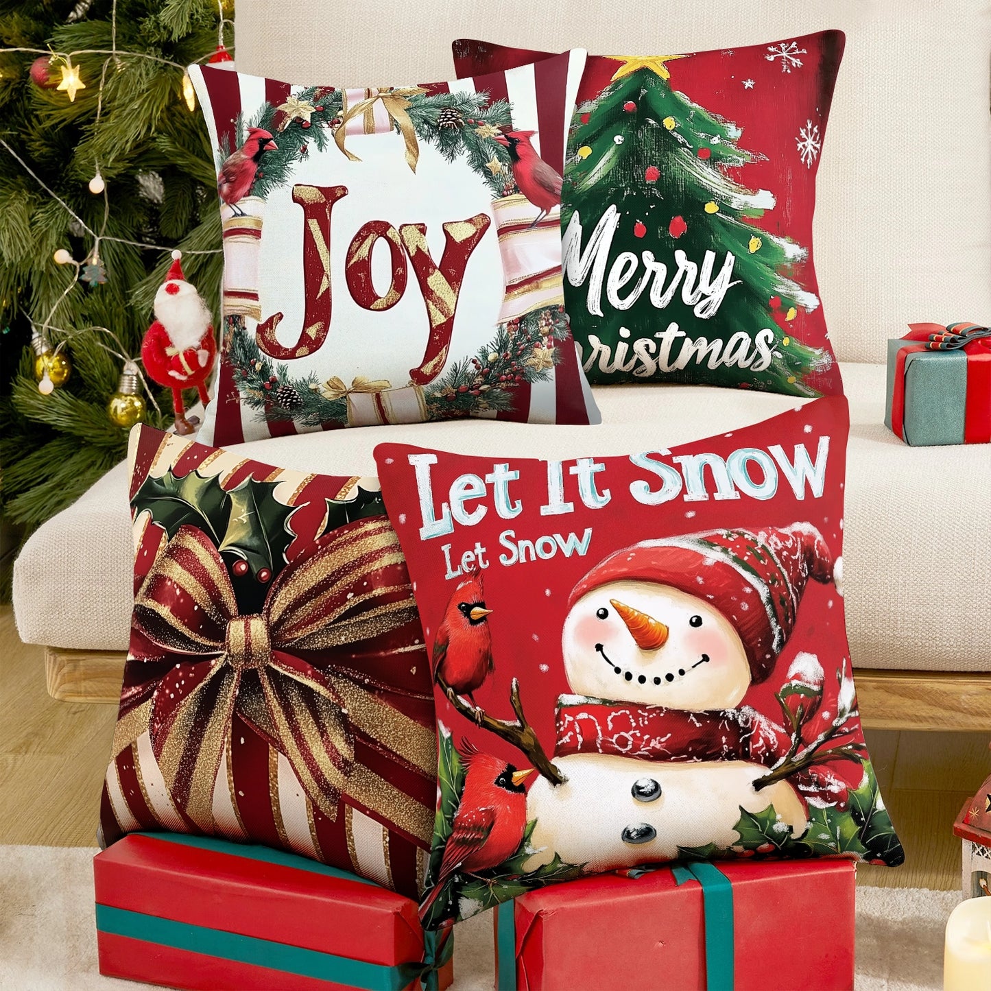 Shineful Set-4 of 2D Print Cushion Cover, Pillowcase, Pillows Covers - Festive Cheer with Holiday Spirit and Joyful Decorations
