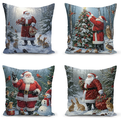 Shineful Set-4 of 2D Print Cushion Cover, Pillowcase, Pillows Covers - Santa Claus Spreading Holiday Cheer Amidst Snowy Winter Landscapes
