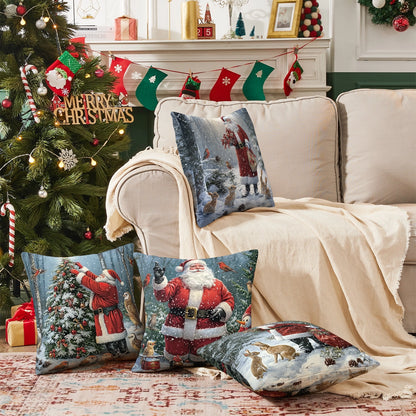 Shineful Set-4 of 2D Print Cushion Cover, Pillowcase, Pillows Covers - Santa Claus Spreading Holiday Cheer Amidst Snowy Winter Landscapes