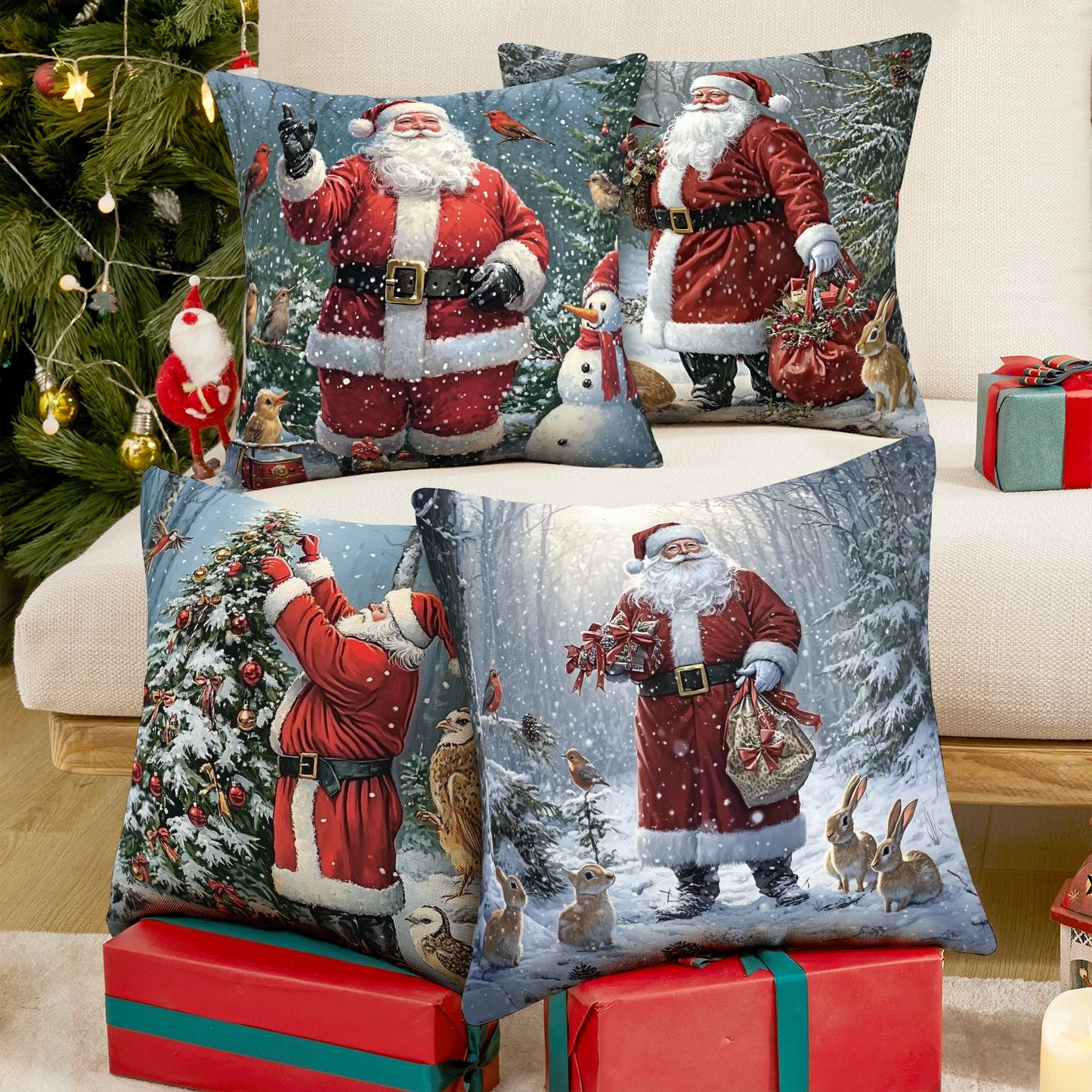Shineful Set-4 of 2D Print Cushion Cover, Pillowcase, Pillows Covers - Santa Claus Spreading Holiday Cheer Amidst Snowy Winter Landscapes