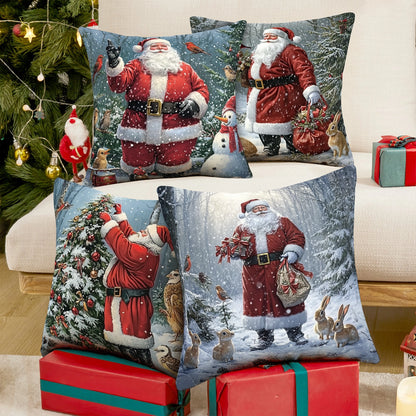 Shineful Set-4 of 2D Print Cushion Cover, Pillowcase, Pillows Covers - Santa Claus Spreading Holiday Cheer Amidst Snowy Winter Landscapes