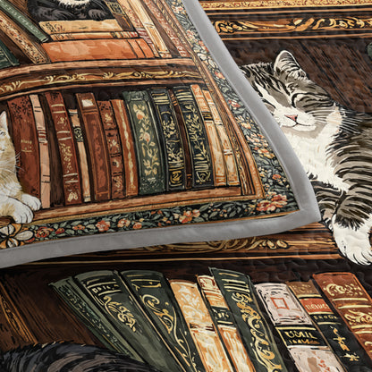 Shineful Quilt 3-Piece Set Book Nook Cats Reading