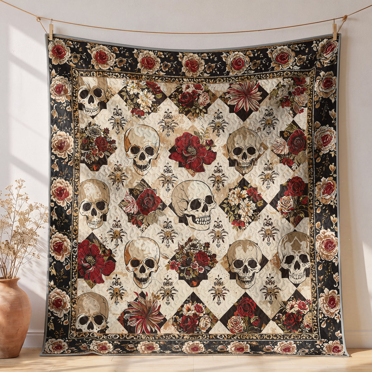 Shineful Quilt 3-Piece Set Elegent Skull Roses