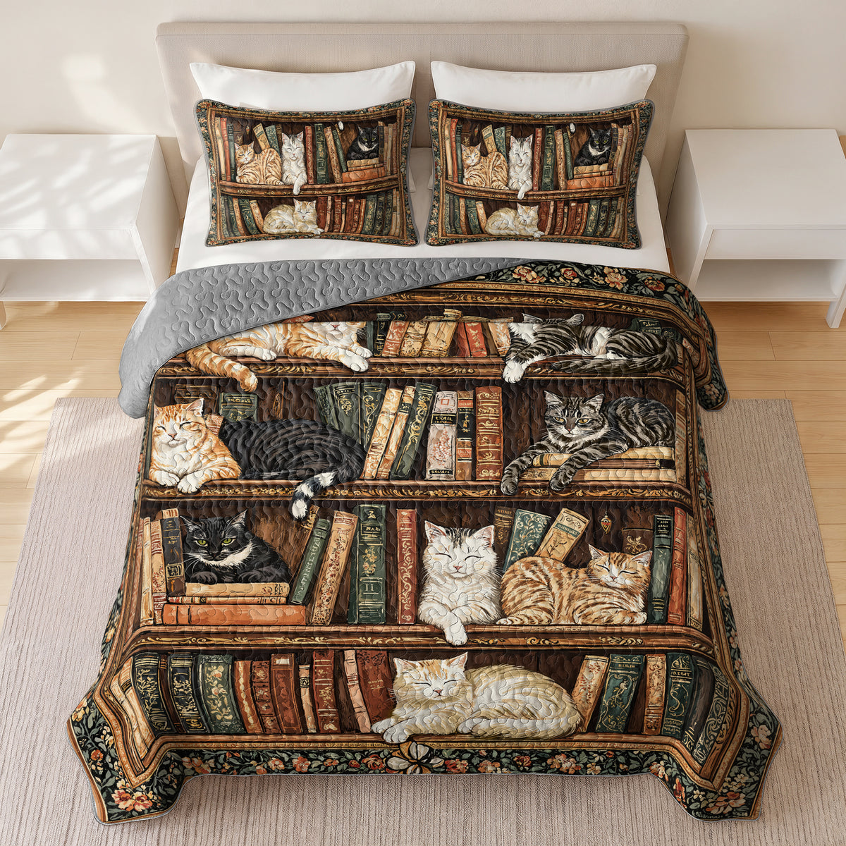 Shineful Quilt 3-Piece Set Book Nook Cats Reading
