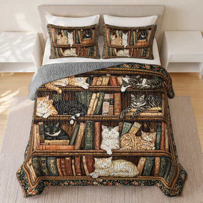 Shineful Quilt 3-Piece Set Book Nook Cats Reading