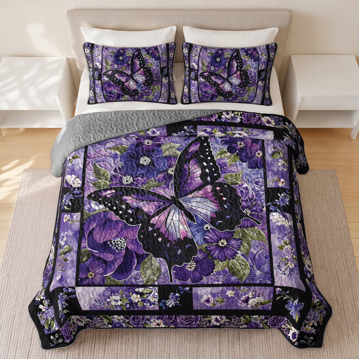 Shineful Quilt 3-Piece Set Gorgeous Purple Butterfly Flowers