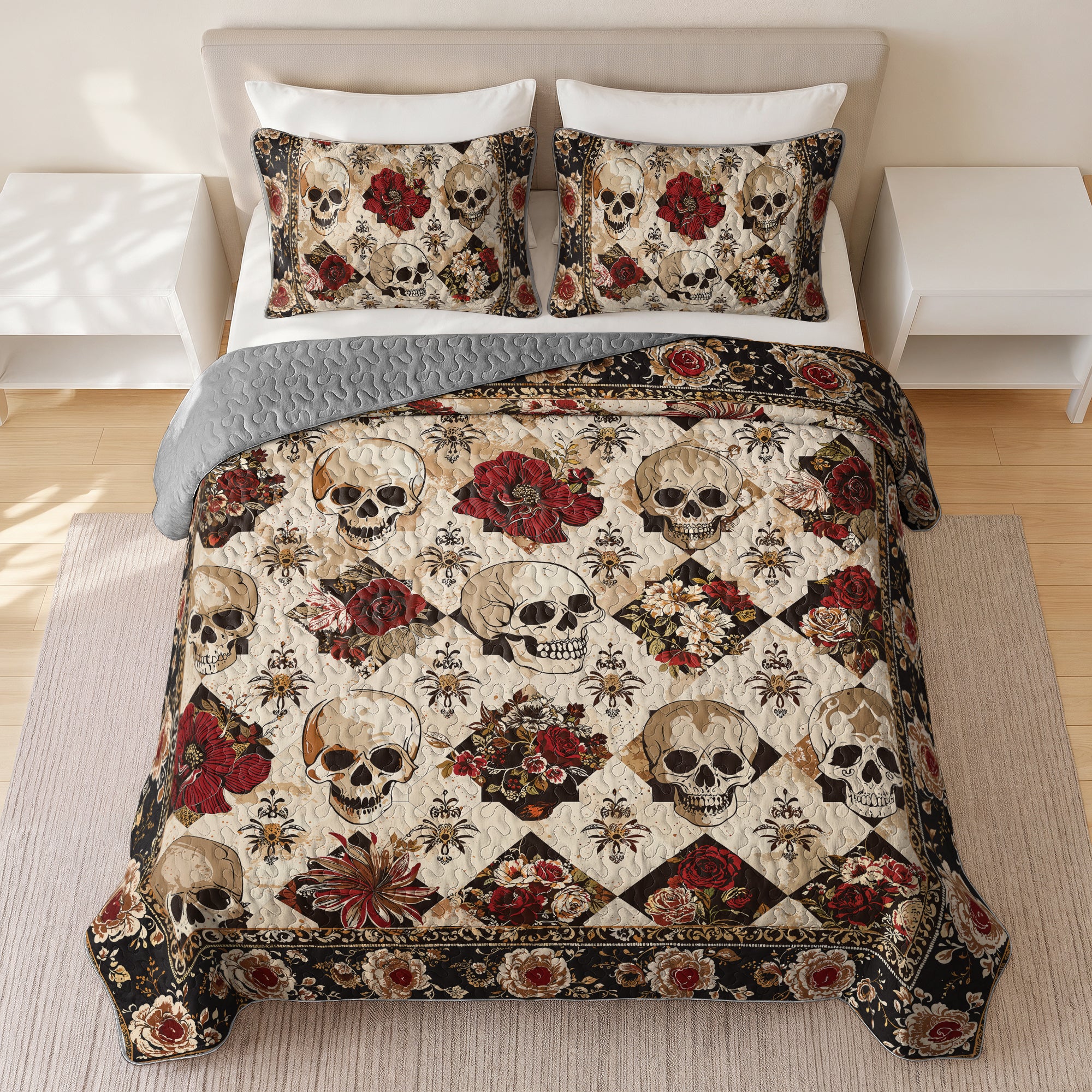 Shineful Quilt 3-Piece Set Elegent Skull Roses