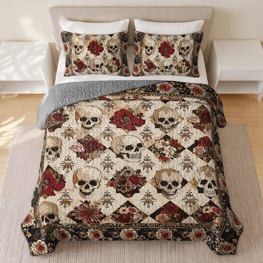 Shineful Quilt 3-Piece Set Elegent Skull Roses