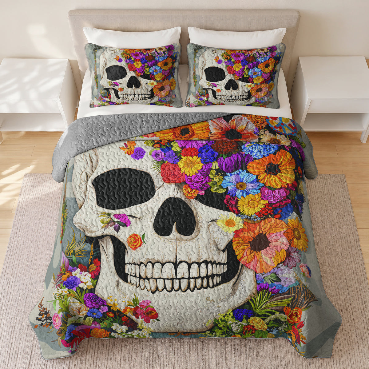Shineful Quilt 3-Piece Set Skull Blossom