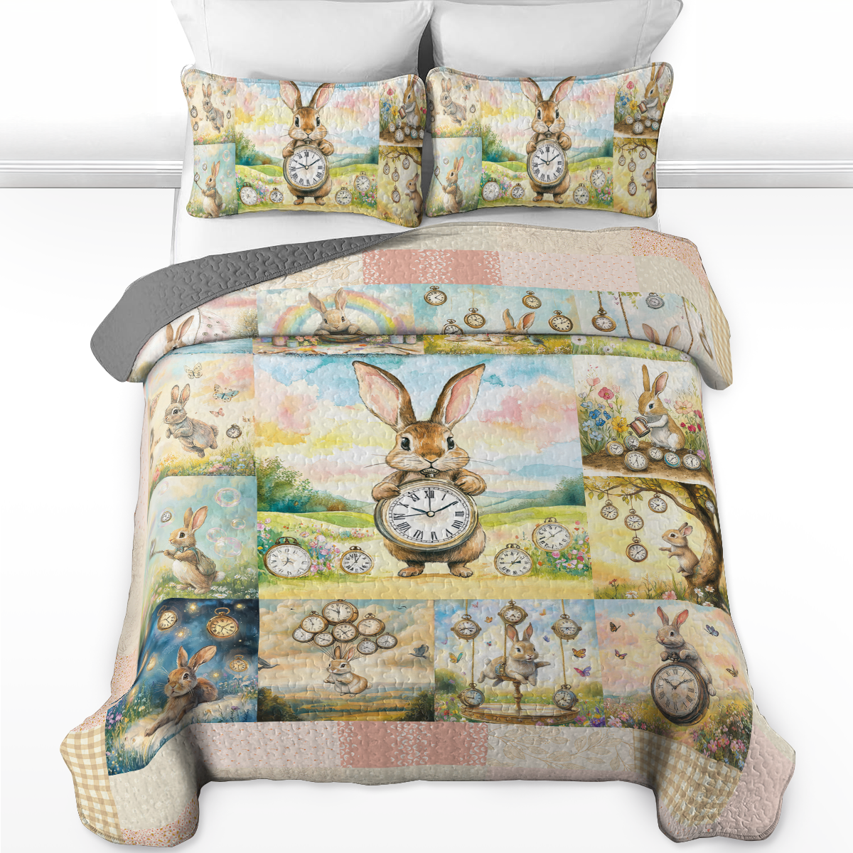 Shineful All Season Quilt 3-Piece Set Tick-Tock Woodland Rabbit