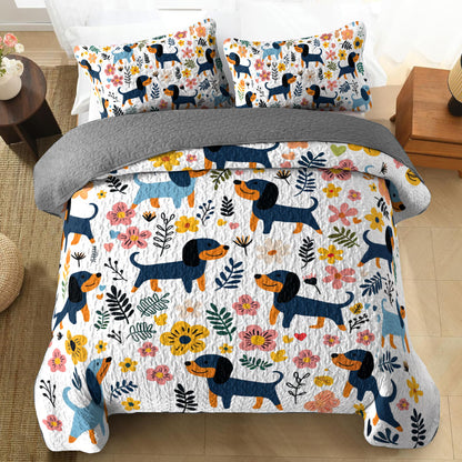 Shineful All Season Quilt 3-Piece Set Floral Cute Dachshund