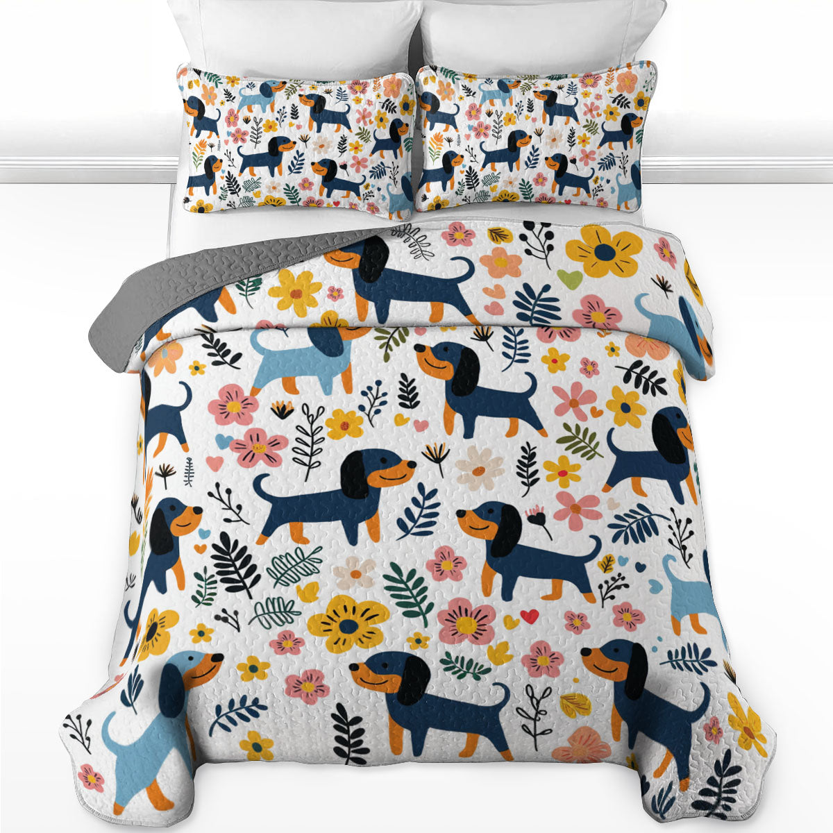 Shineful All Season Quilt 3-Piece Set Floral Cute Dachshund
