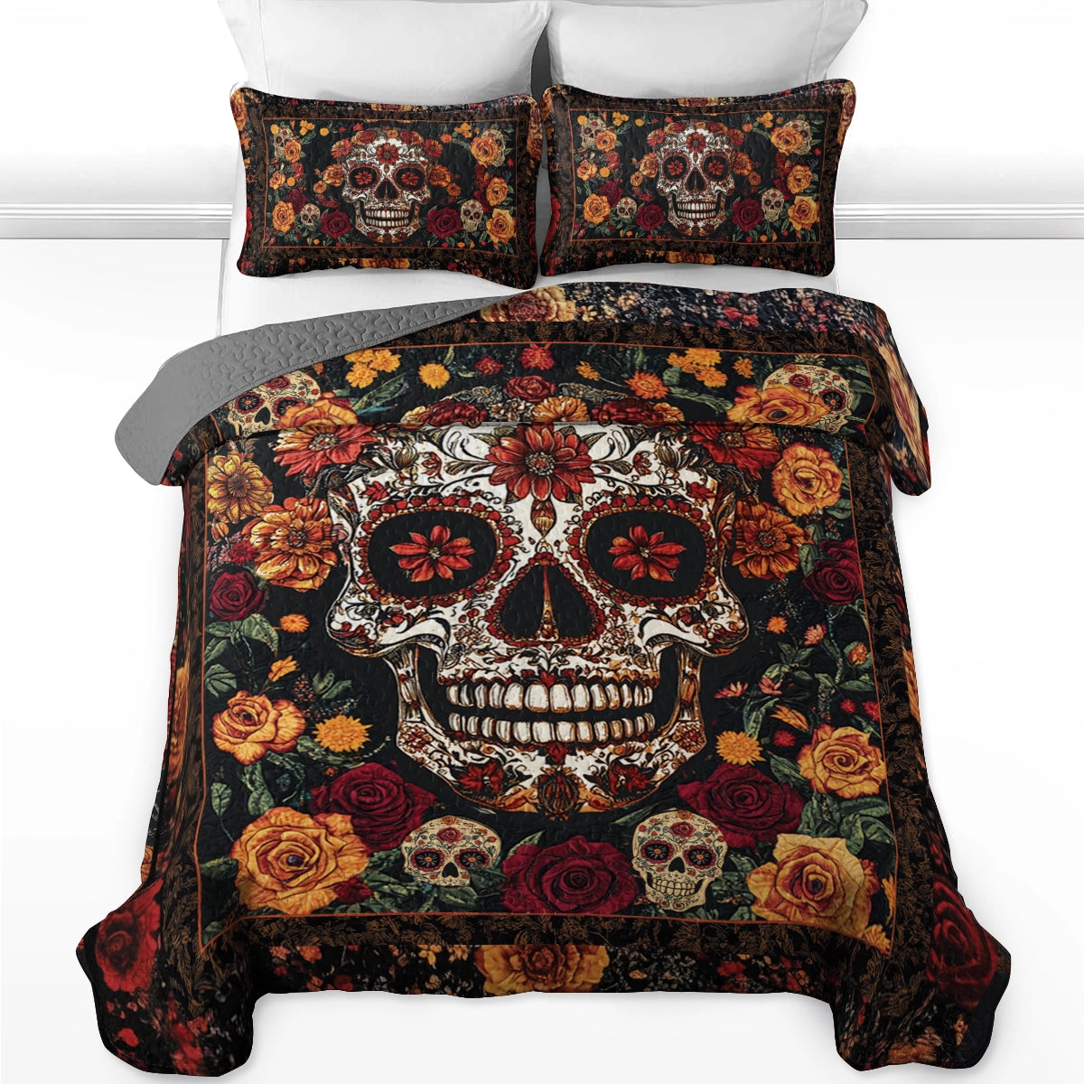 Shineful All Season Quilt 3-Piece Set - Enchanted Floral Skull