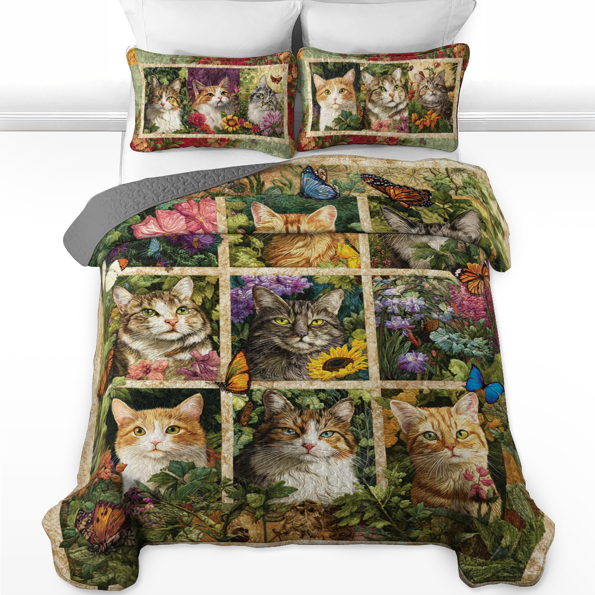 Shineful All Season Quilt 3-Piece Set Garden Whiskers Cat