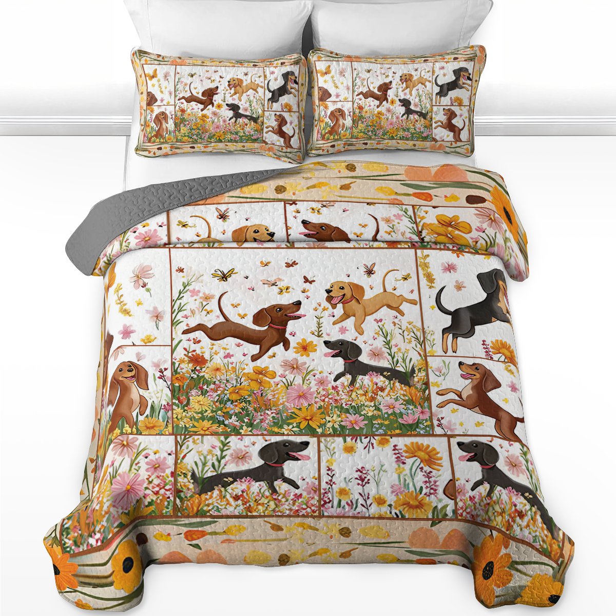 Shineful All Season Quilt 3-Piece Set - Garden Playtime with Dachshund