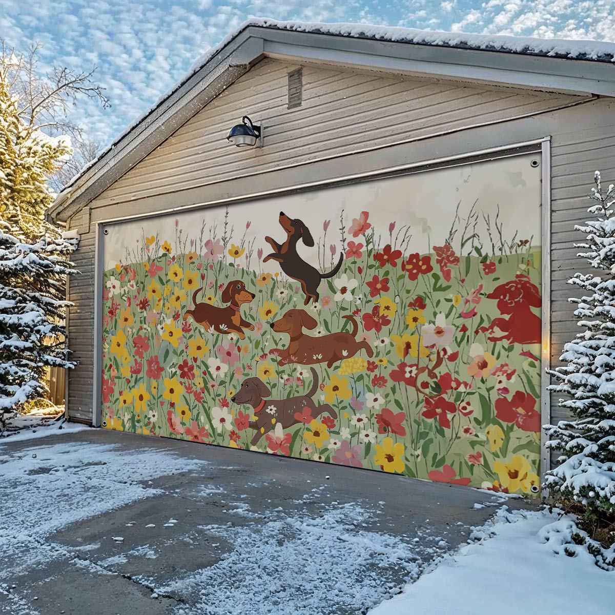 Shineful Garage Door Banner Decoration Dachshund In Flower Garden