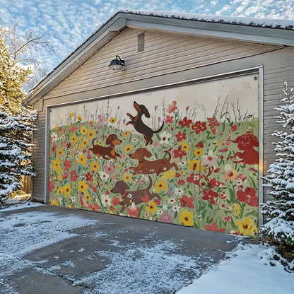 Shineful Garage Door Banner Decoration Dachshund In Flower Garden