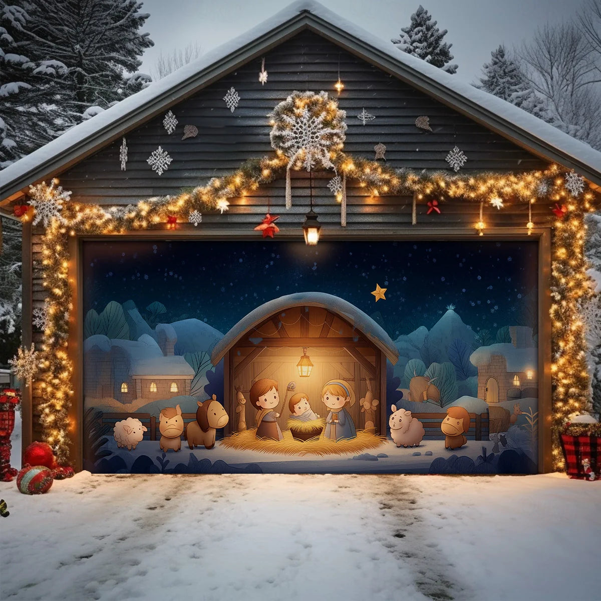 Shineful Garage Door Banner Decoration Holy Family Cartoon Nativity