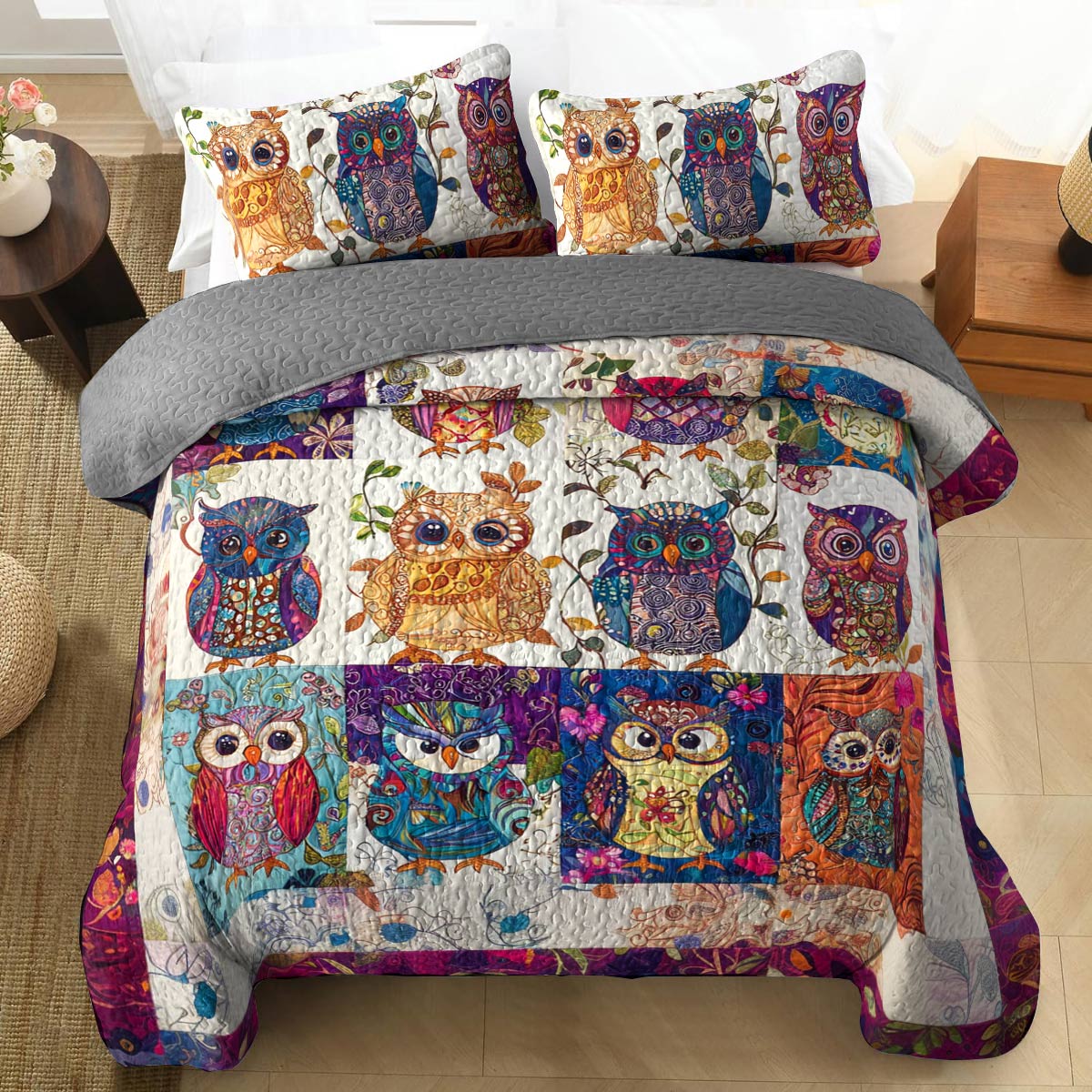 Shineful All Season Quilt 3-Piece Set Gorgeous Colorful Baby Owls