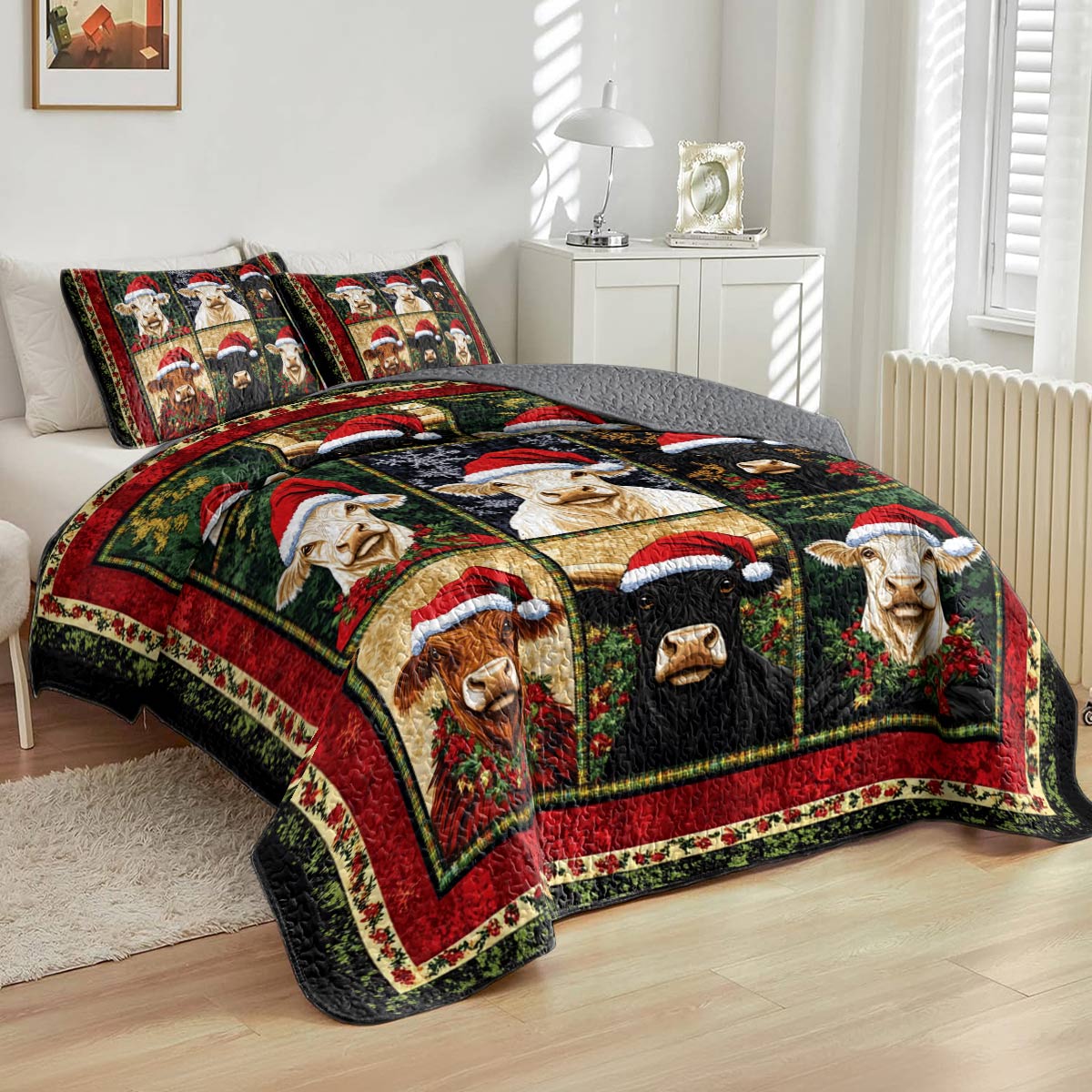 Shineful All Season Quilt 3-Piece Set Christmas Cow