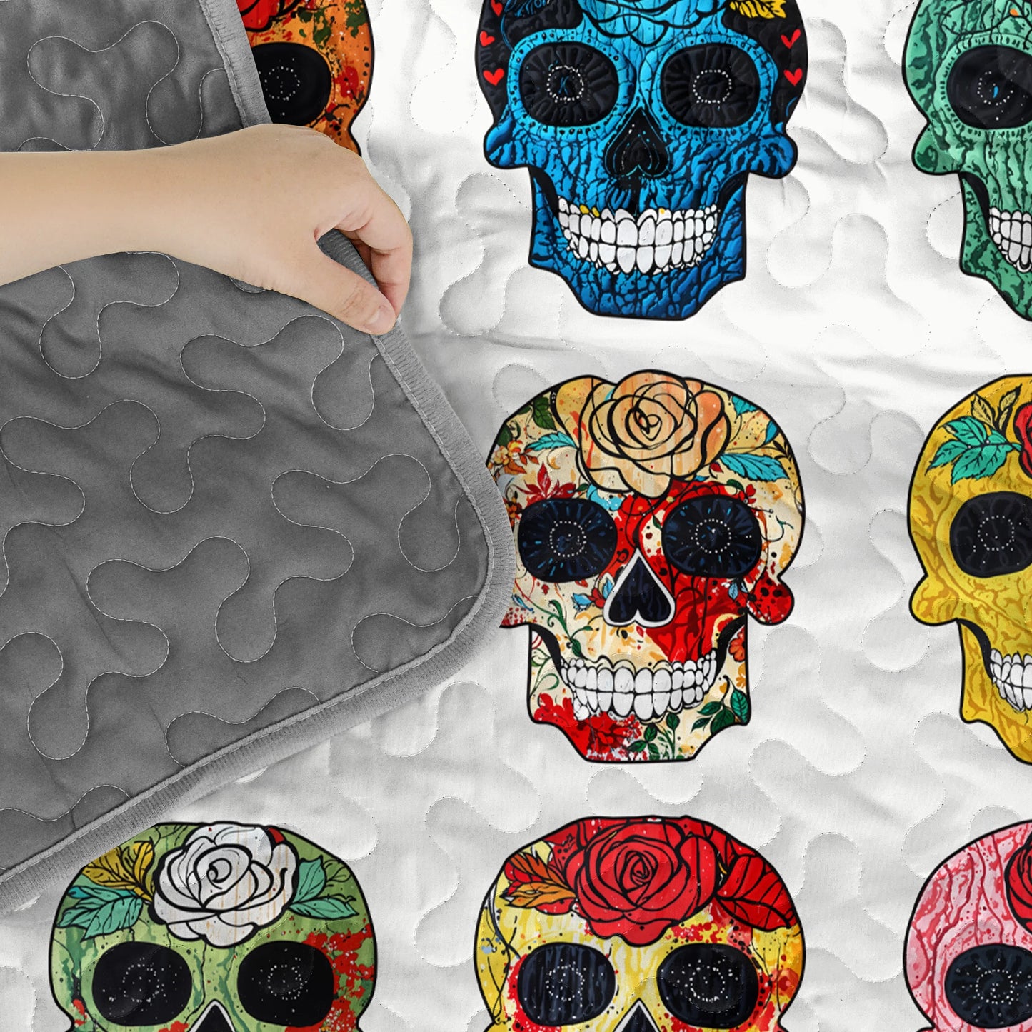 Shineful Quilt 3-Piece Set Colorful Sugar Skull Roses