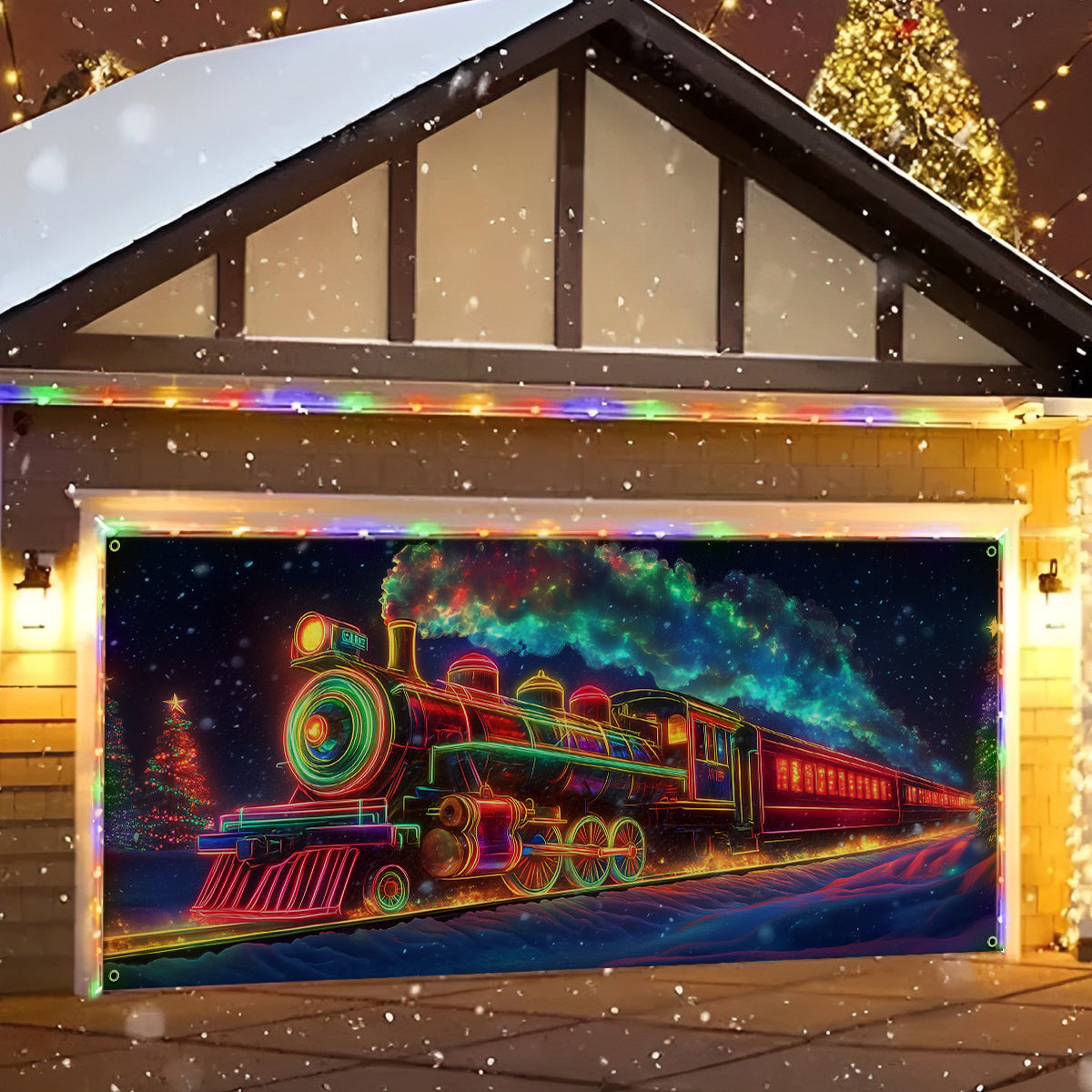 Shineful Garage Door Banner Decoration - Neon Christmas Train