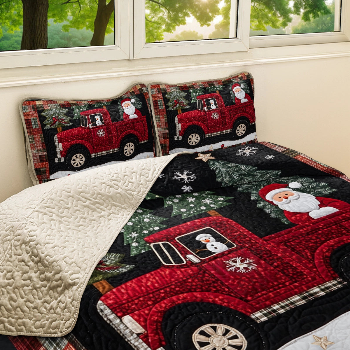 Shineful All Season Quilt 3-Piece Set Christmas  Santa's Red Truck