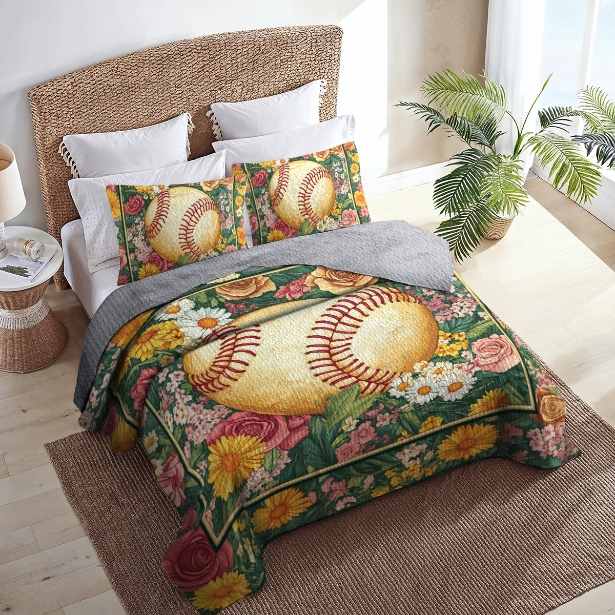 Shineful All Season Quilt 3-Piece Set Floral Softball Dream