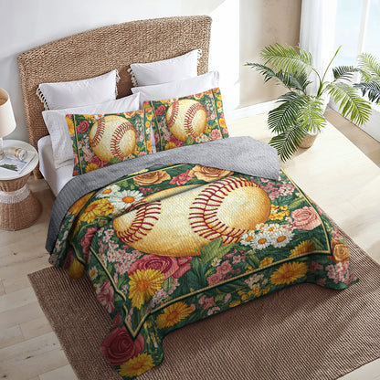 Shineful All Season Quilt 3-Piece Set Floral Softball Dream