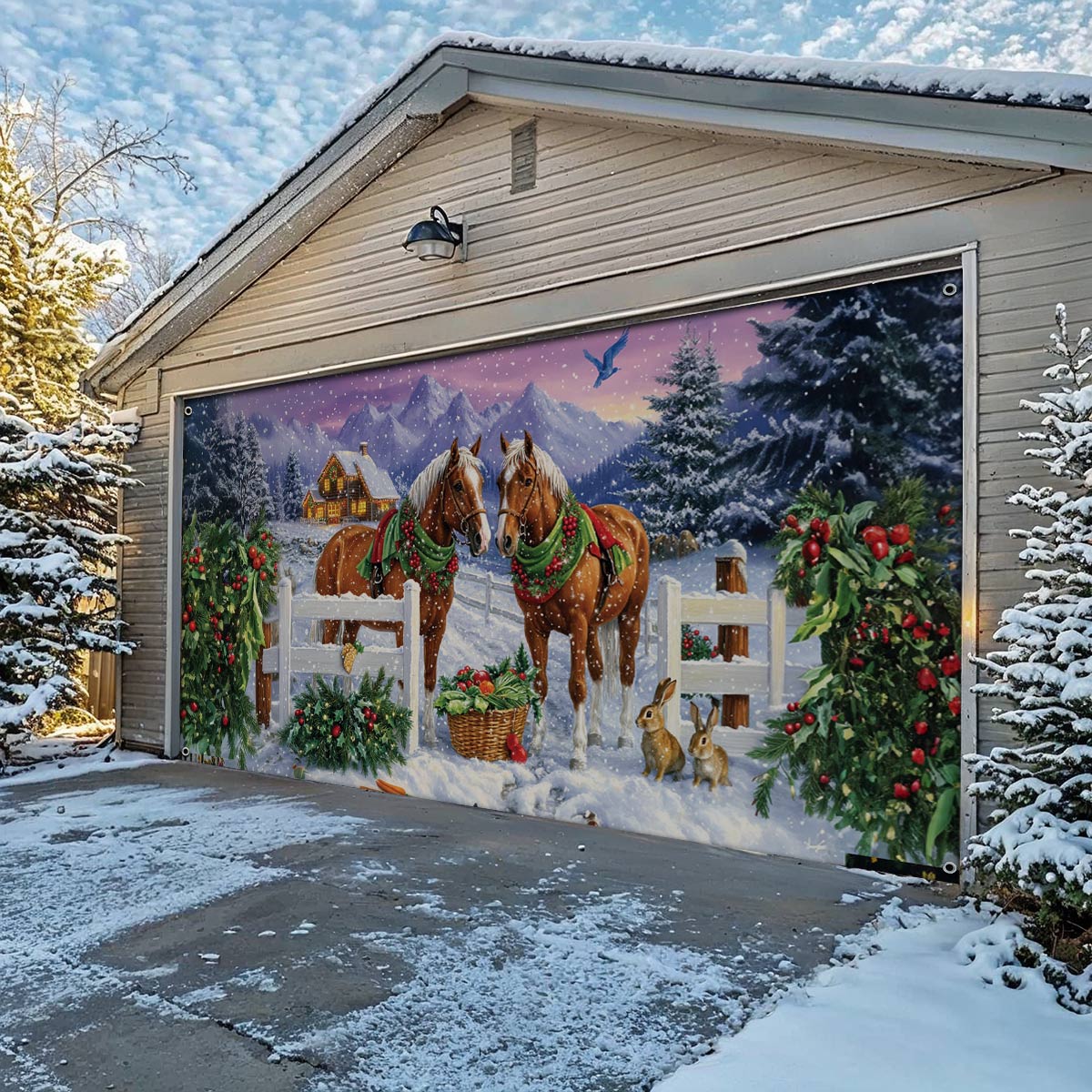Shineful Garage Door Banner Decoration Festive Horses in Winter Wonderland