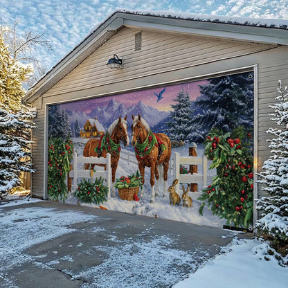 Shineful Garage Door Banner Decoration Festive Horses in Winter Wonderland