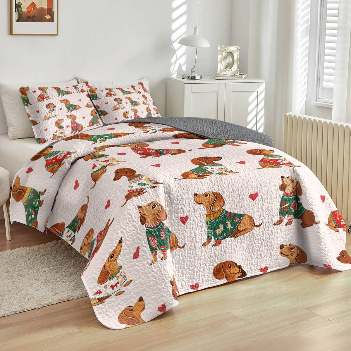 Shineful All Season Quilt 3-Piece Set - Festive Dachshund Sweater Delight