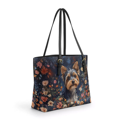 Shineful Leather Tote Bag Enchanted Yorkie Bloom