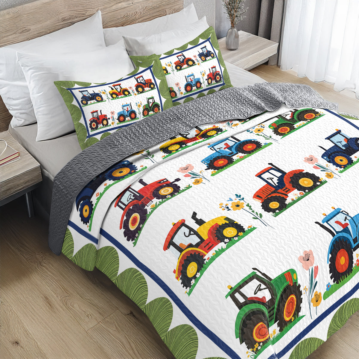 Shineful All Season Quilt 3-Piece Set - Tractors On The Floral Farm