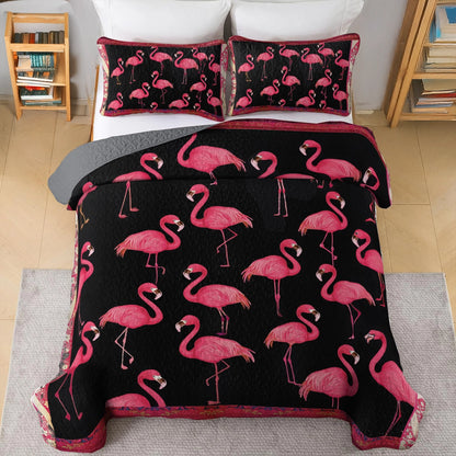 Shineful All Season Quilt 3-Piece Set - Black & Pink Flamingo Chic