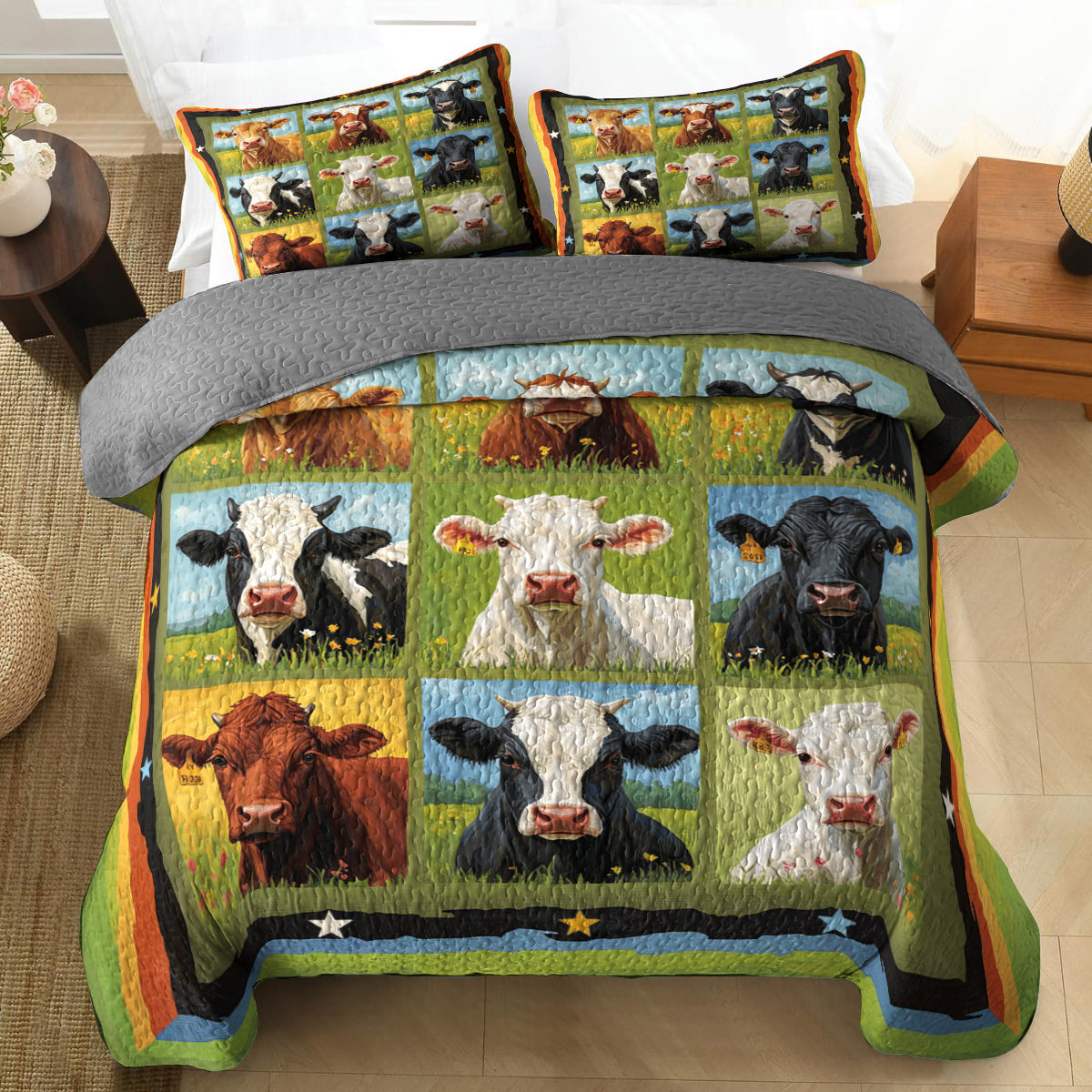 Shineful All Season Quilt 3-Piece Set Funny Cow Field