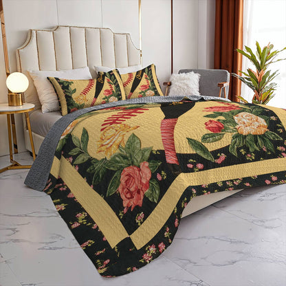Shineful All Season Quilt 3-Piece Set - Personalized Softball & Foral Fusion