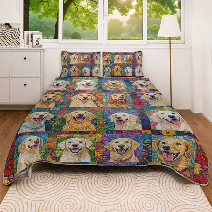 Shineful All Season Quilt 3-Piece Set Floral Golden Retriever Patchwork