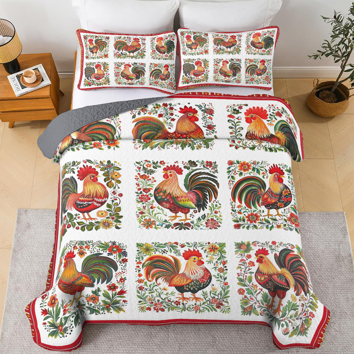 Shineful All Season Quilt 3-Piece Set Folk Art Rooster