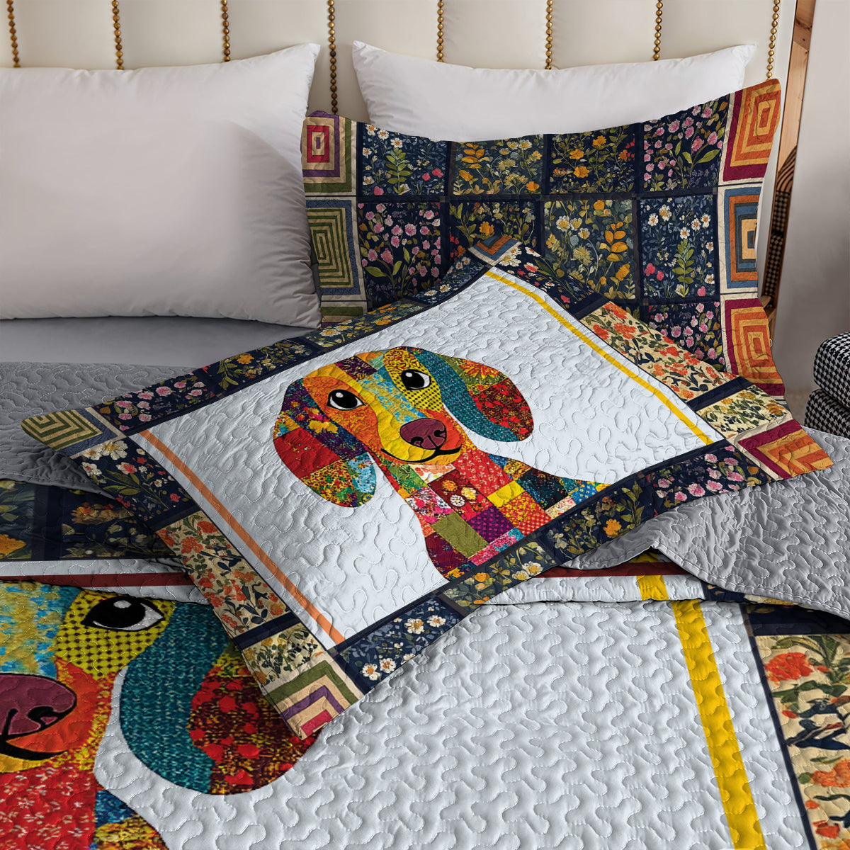 Shineful All Season Quilt 3-Piece Set - Happy Dachshund With Beautiful Flowers