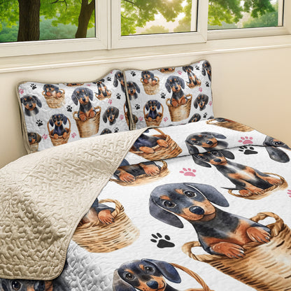 Shineful All Season Quilt 3-Piece Set Cute Dachshund In Basket V2