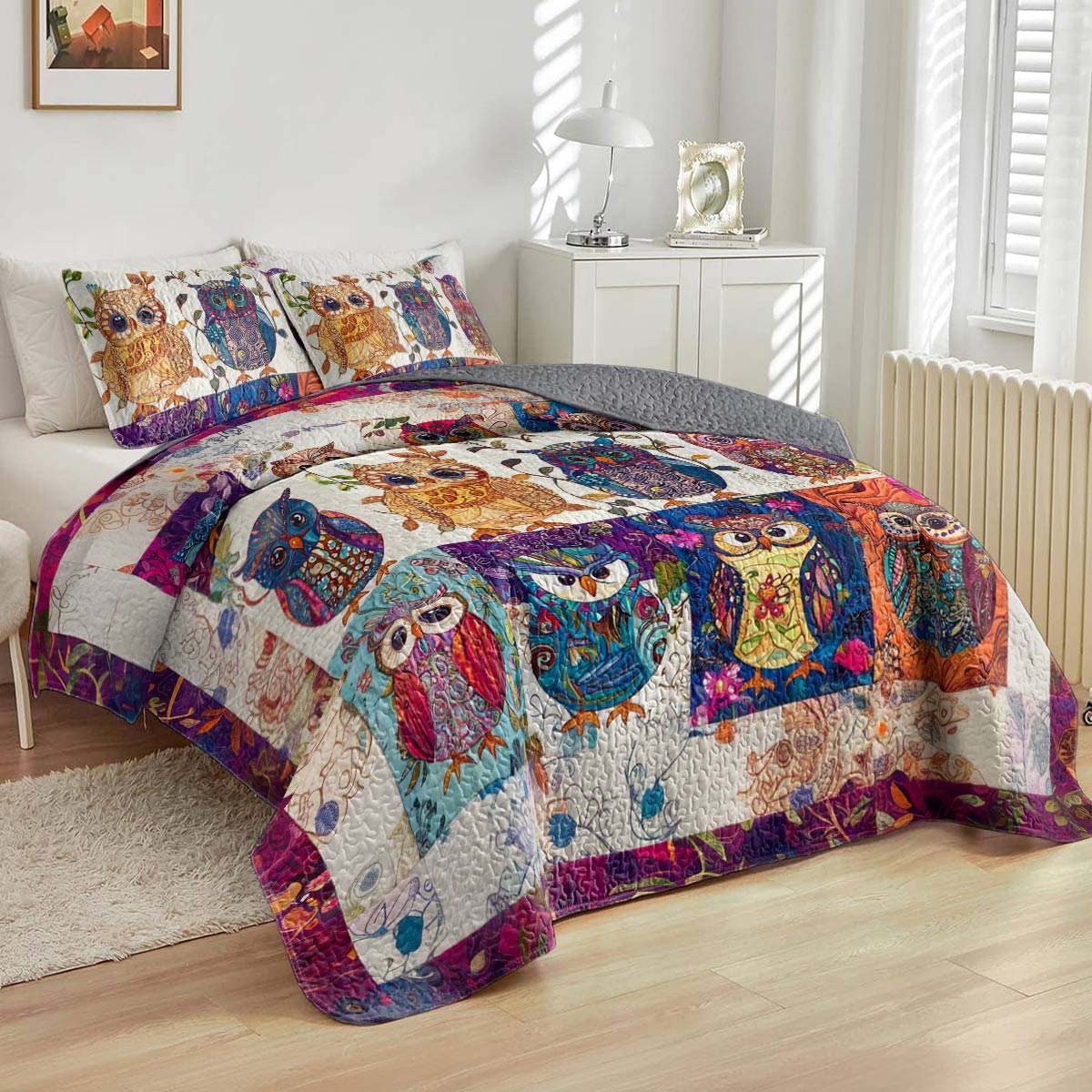 Shineful All Season Quilt 3-Piece Set Gorgeous Colorful Baby Owls