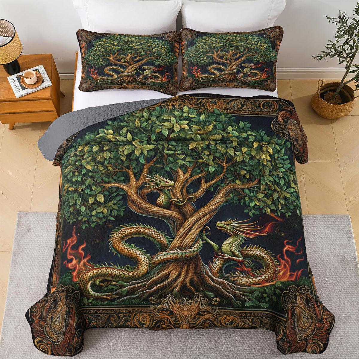 Shineful All Season Quilt 3-Piece Set Dragon & Tree Of Life