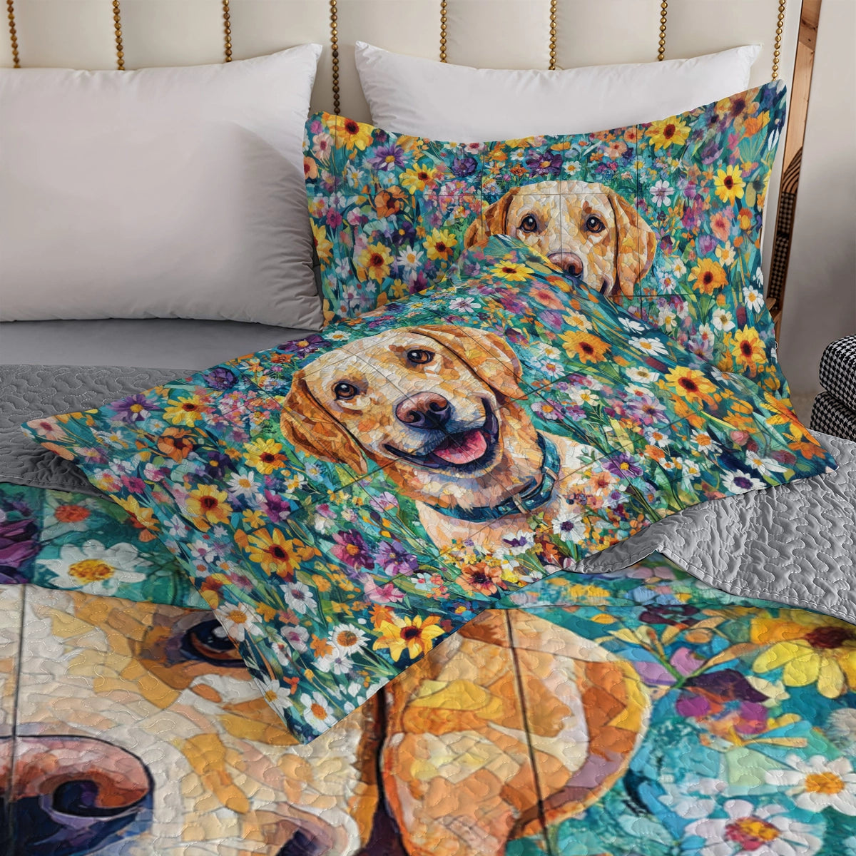 Shineful All Season Quilt 3-Piece Set - Floral Labrador Dream