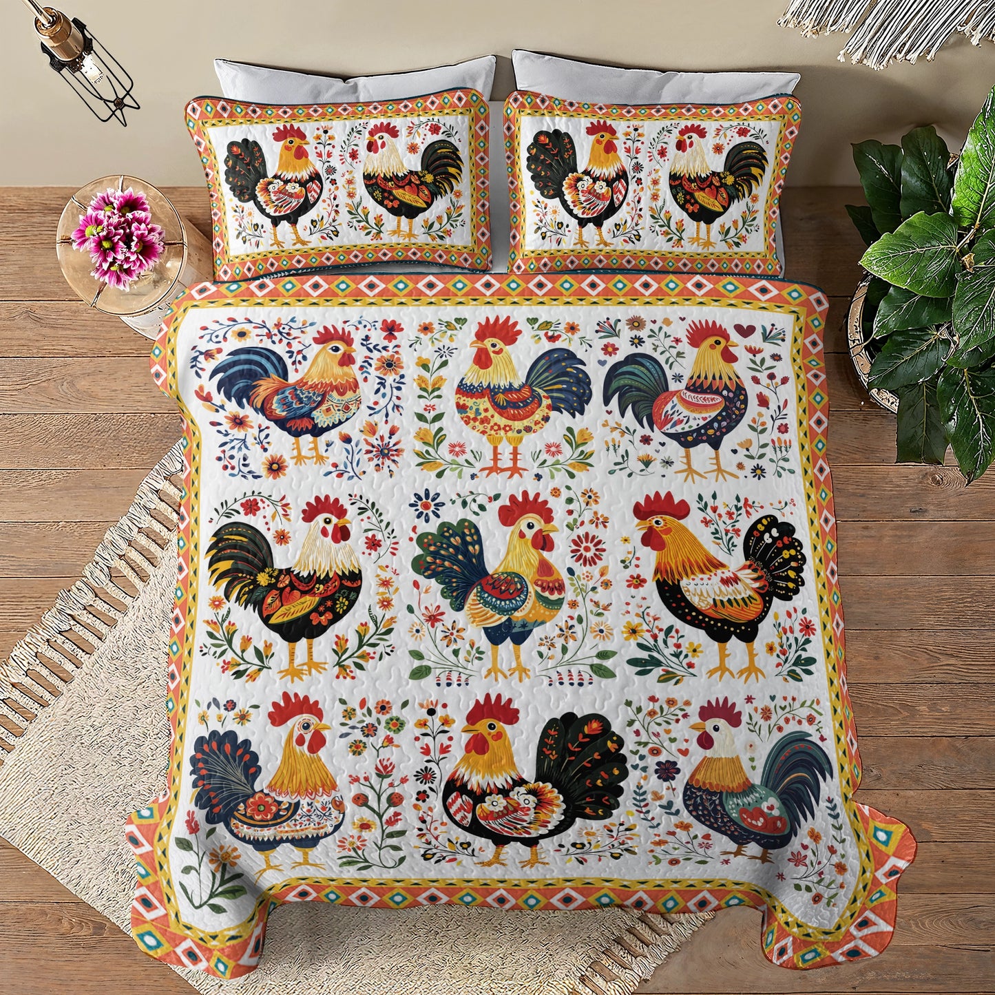 Shineful All Season Quilt 3-Piece Set Folk Art Roosters