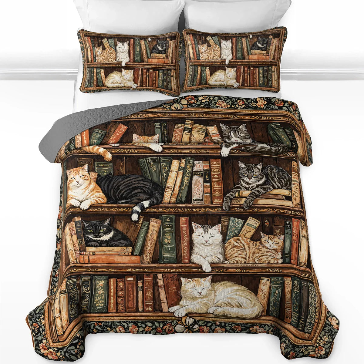 Shineful Quilt 3-Piece Set Book Nook Cats Reading